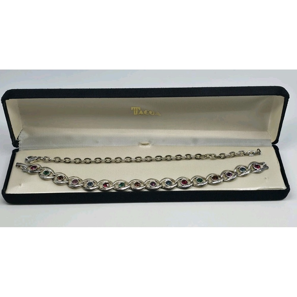 Vintage Signed TACOA Multi-Color Rhinestone Link Bracelet‎ in Original Box